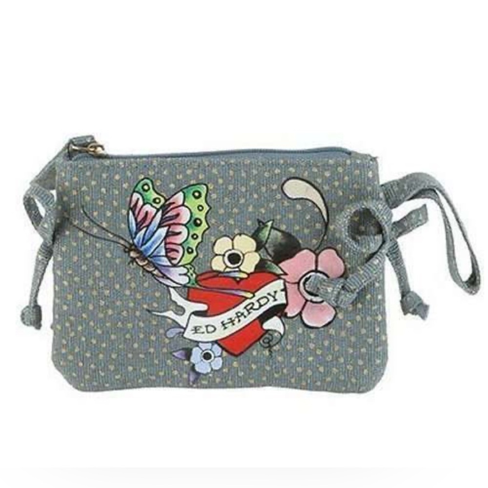 Ed Hardy Iconic Y2K Denim Gray Wristlet Clutch Wallet with Subtle Gold Accents